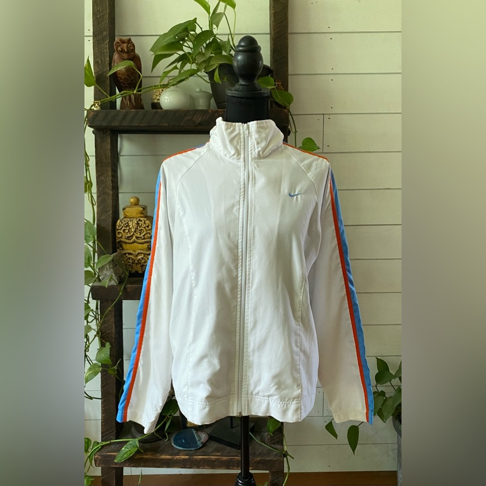 Nike: White Lightweight Bomber Jacket with Retro Blue and Orange Stripe Design - Picture 12 of 17